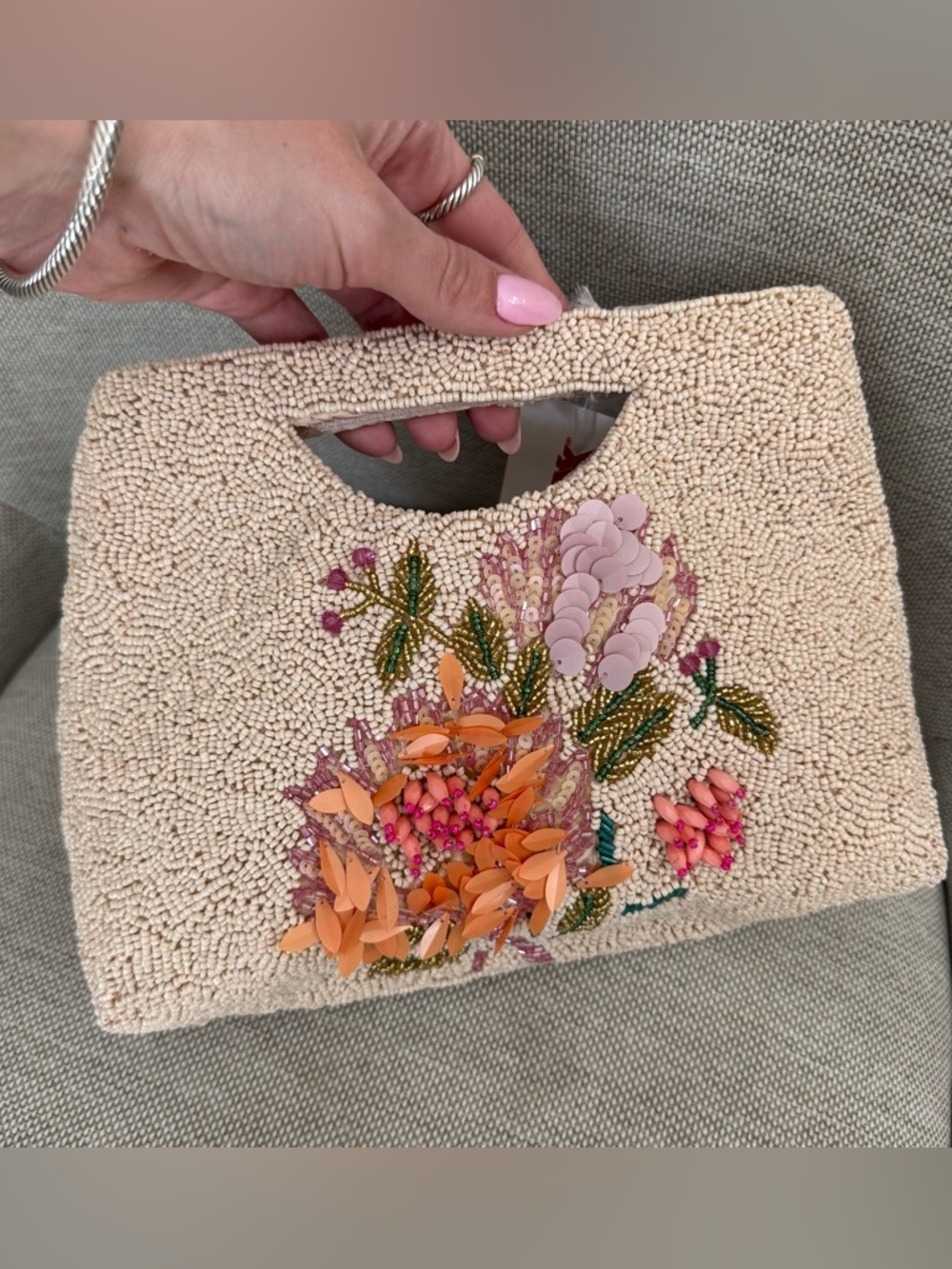 Made in India Beaded Flamingo Embellished handbag- Pink/Peach Floral - Picture 2 of 7